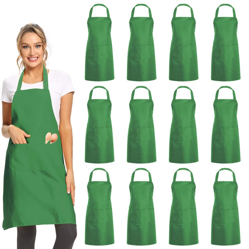 DUSKCOVE 12 Pack Plain Bib Aprons with 2 Pockets - Green Unisex Commercial Apron Bulk for Kitchen Cooking Restaurant BBQ Painting Crafting - Image 1